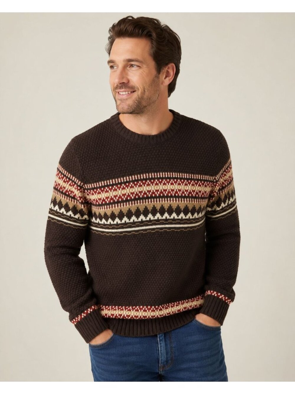 Springfoot Men's Brown Fair Isle Sweater Nordic Brown Size M